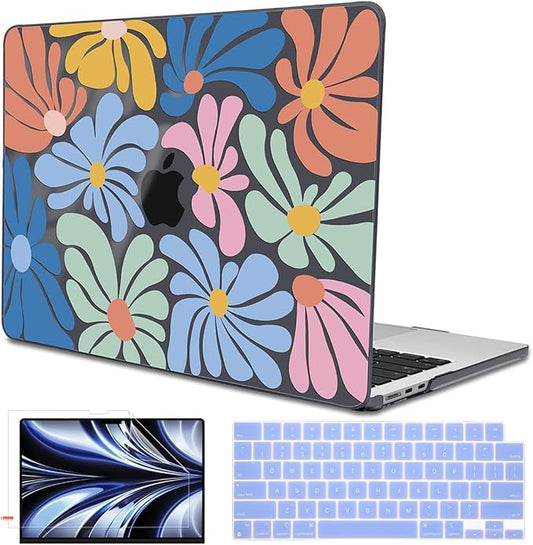 for MacBook Air 13.6 Inch Case 2025 2024 2023 2022 Release Model M4 A3240 M3 A3113 A2681 M2, Pattern Plastic Hard Shell Cover for Mac Air 13 M4 Liquid Retina Display, Colorful Flowers Black