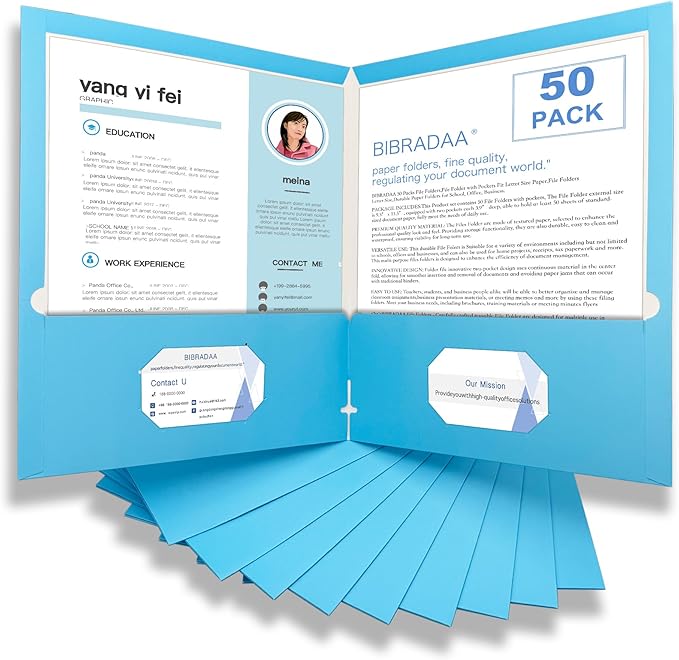 BIBRADAA® 50 Packs Blue Folders with Pockets,File Folder with Pockets Fit Letter Size Paper,File Folders Letter Size,Durable Paper Folders for School, Office, Business.(50, Light Blue)