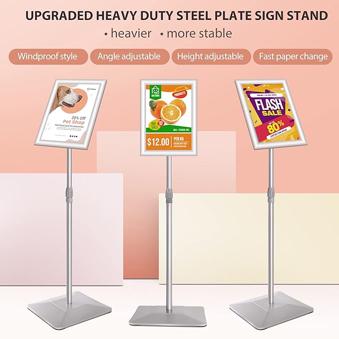 8.5"x11" Pedestal Poster Stand with Heavy Duty Solid Steel Base, Adjustable Floor Standing Sign Holder for Vertical and Horizontal Display, Silver 3Pack