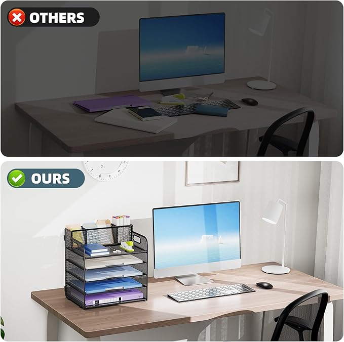 Marbrasse 5 Tier Paper Organizer with 3 Pen Holders, Mesh Desk File Organizer with Handle, Paper Sorter Desk Organizer for Home Office Supplies(Black)