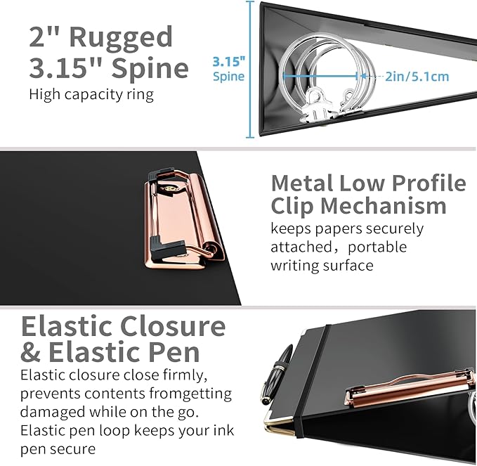 Ospelelf Mini 3 Ring Binder 2 Inch With 5 Tab Dividers, File Folder Labels and Low Profile Clipboards - Cute Black for 5.5" x 8.5" School and Office Supplies