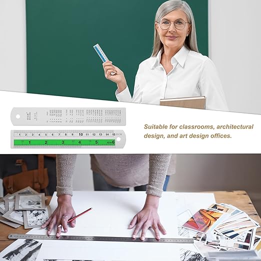 HARFINGTON 6pcs Metal Straight Ruler 15cm Metric SAE Aluminum Alloy Measuring Rulers Scale Tool with Hole for Measure Study Reading Classroom Office, Green