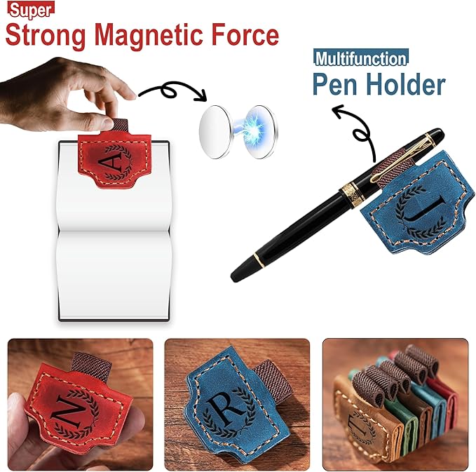 Bygone Mark Bookmark with Pen Holder, 26 Letters Name Initial Personalized Magnetic Bookmarks, Leather Book Mark for Men Women, Travelers Accessories, Teachers Readers Book Lovers Gifts (Blue, B)