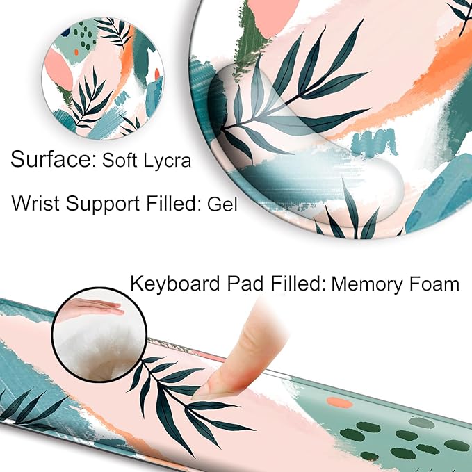 Mouse Pad and Keyboard Wrist Rest Support, with Non-Slip PU Base,Gel Mouse Pad with Coaster,Pain Relief for Gaming, Computer,Office -Sun Leaves 2
