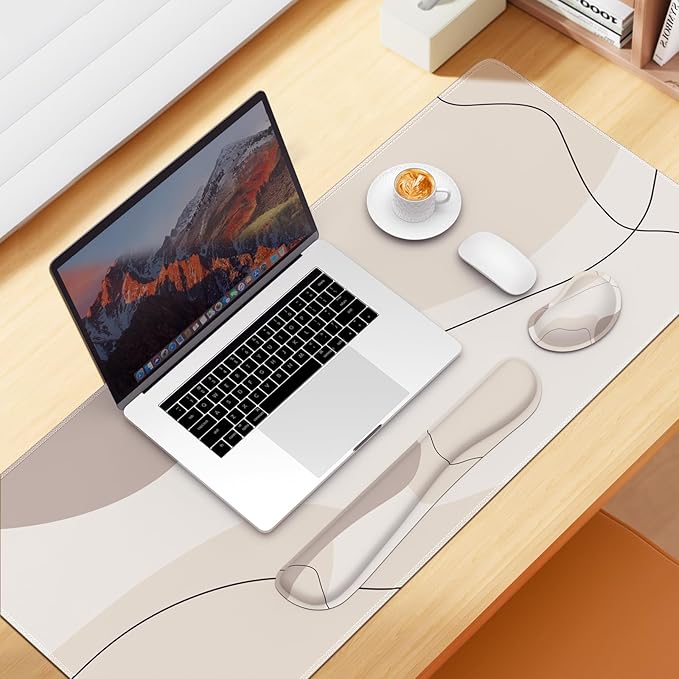 iCasso Extra Large Mouse Pad with Wrist Rest, 3in1 Big Full Desk Mousepad + Keyboard Wrist Rest+Mouse Wrist Rest, Easy Typing Pain Relief, Ergonomic XXL Ultra Thick Long Desk Mat (Brown Art)