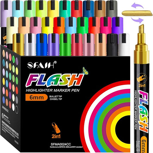 SFAIH Liquid Chalk Markers [1-Second Wet Wipe] - 6mm 30 Colors [Neon+Pastel+Metallic], No Residue, Zero Dust Chalkboard Markers for Whiteboard, Windows, Glass, Signs, With Highlighter Color Marker