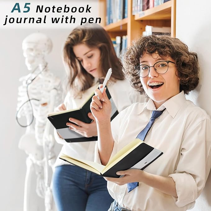 Coopay 24 Pack A5 Journal Notebook with 24 White Pens Bulk Classic Ruled Hardcover Leather Journal Set with Pen Holder for Men Women Writing Office Home School Business, 100GSM, 8.3” x 5.5” (Black)