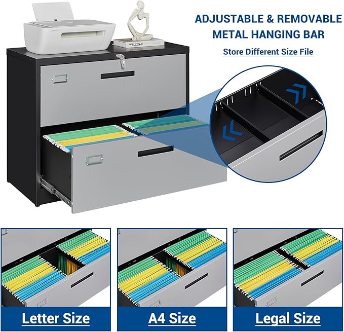 2 Drawer Lateral File Cabinet with Lock, Metal Steel Filling Cabinets for Home Office, Lockable Storage Cabinet for Hanging Files Letter/Legal/F4/A4 Size-Assembly Required