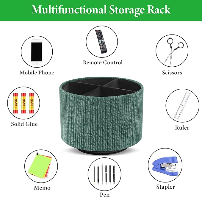 Hennaja Round Leather Art Supply Organizer,Remote Control Holder,360 Degree Spinning,Multi-Functional Pencil Holder,4 Compartments Desktop Stationary Organizer(1-Wood Green)