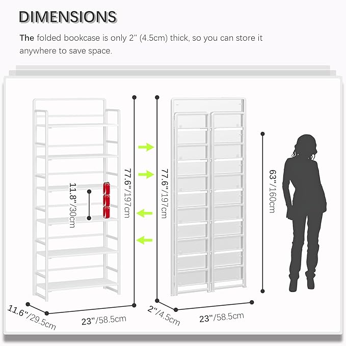 4NM No Assembly 6 Tiers Folding Bookshelf Storage Shelves Vintage Bookcase Standing Racks Study Organizer Home Office (All White)