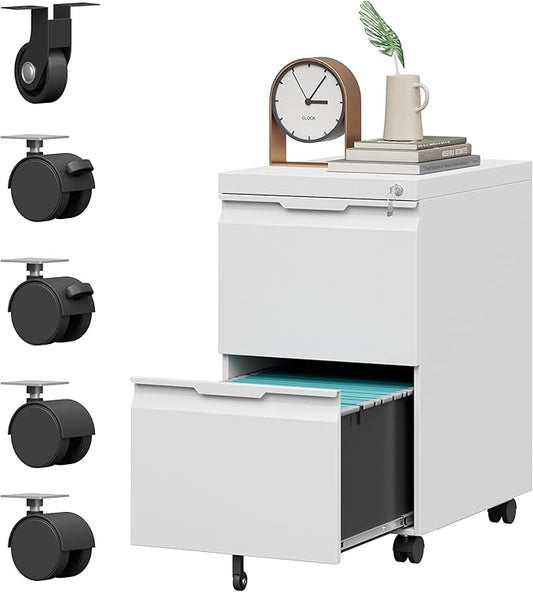 2 Drawer Mobile File Cabinet with Lock,Under Desk Metal Filing Cabinets with Wheels for Home Office Organizer Letters/Legal/A4(Easy Assemble-White)