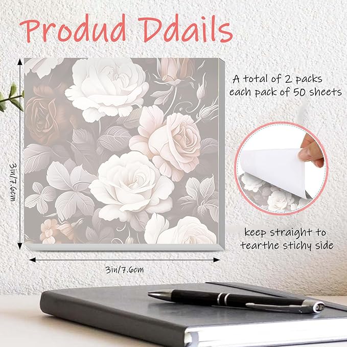 Sticky Notes 3x3 Inches, 2 Pads Cute Colorful Self-Stick Note Pads, Easy to Post for Home, Office and Daily Life Organization Luxuious Peony