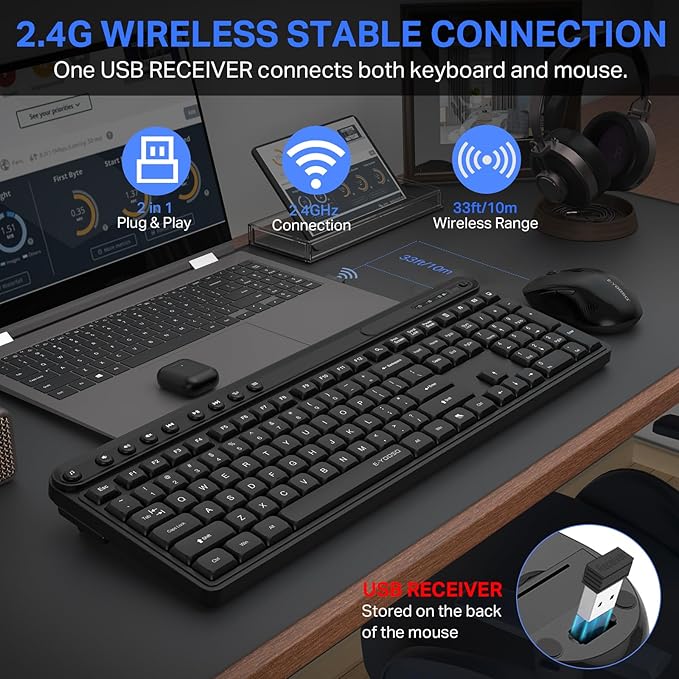 Wireless Keyboard and Mouse Combo, E-YOOSO Full-Sized Computer Wireless Keyboard and Optical Mouse, 2.4Ghz USB Lag-Free Cordless Combo, for Windows, Mac OS PC/Desktop/Laptop