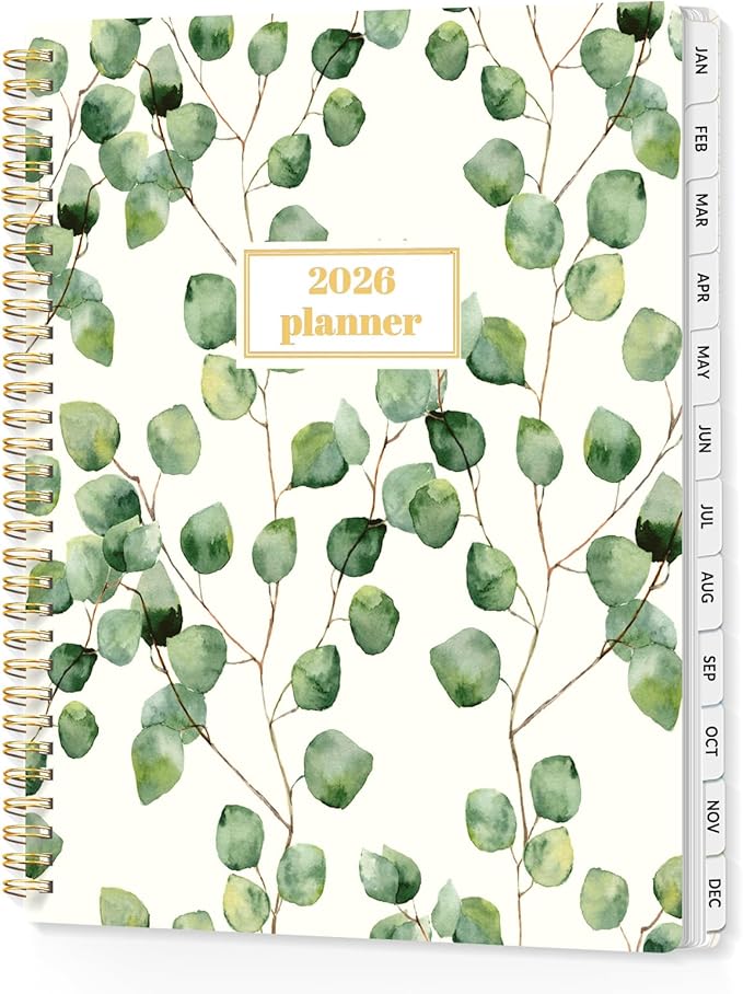 SUNEE Planner 2026 Weekly and Monthly, January 2026-December 2026, 8.5"x11", Tabs, Note Pages,Spiral Binding, Eucalyptus