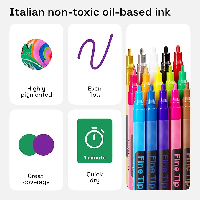 ARTISTRO 15 Oil-Based Permanent Paint Markers - Set of Fine Tip Markers for Wood, Rock, Fabric, Glass, Ceramic, Metal, Plastic, and More - Quick Dry, Waterproof, Permanent