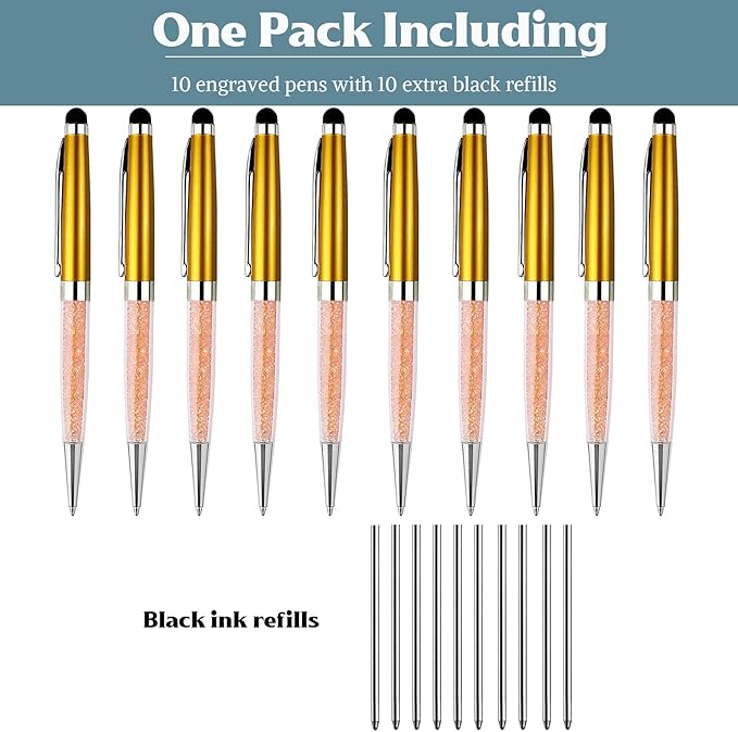 Ancolo Personalized Nice Office Pens with Stylish Crystal- Fancy Writing pens - Engraved with Your Name Message, Metal Body Black ink Gift for Office, Friends - 10 Pens/Box (Gold)