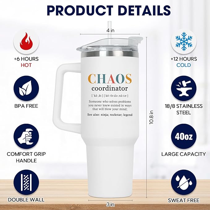 TEEZWONDER Christmas Thank You Gifts for Women - Chaos Coordinator Insulated 40 oz Tumbler with Handle - Funny Birthday Employee Appreciation Gifts for Women Coworkers Boss Colleagues Teachers Nurses