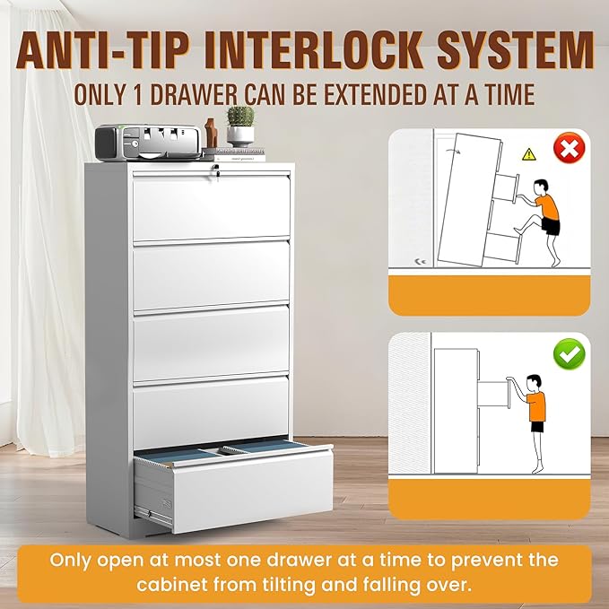 5-Drawer Lateral File Cabinet with Lock, Black Metal Filing Cabinet for Office or Home – Secure Storage for Letter/Legal/A4/F4 Documents, Easy to Assemble Locking File Organizer (White, 5 Drawer-64"H)