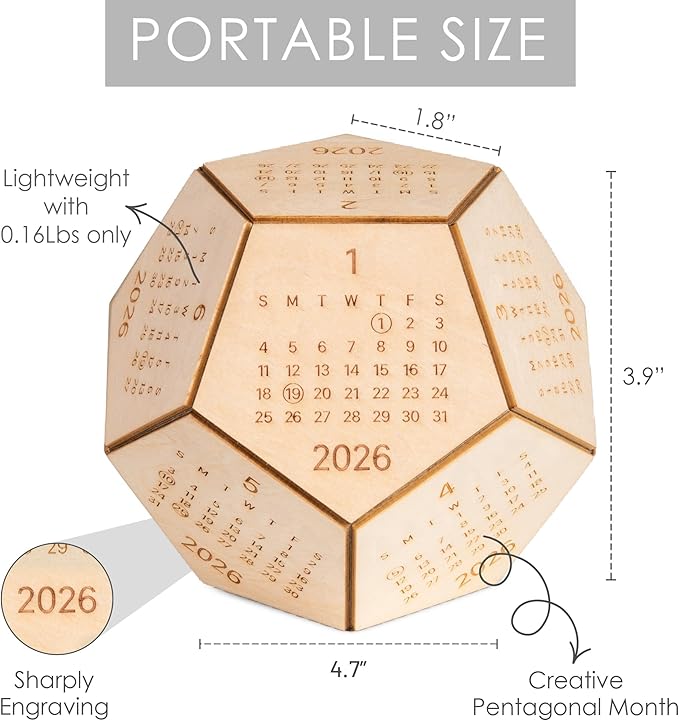 2026 Desk Calendar Wood Dodecahedron, DnD Gifts for Men, Funny Office Gifts for Coworkers, Unique Mens Desk Accessories, Christmas Gift Ideas for Boss Male, Employee, White Elephant Exchange