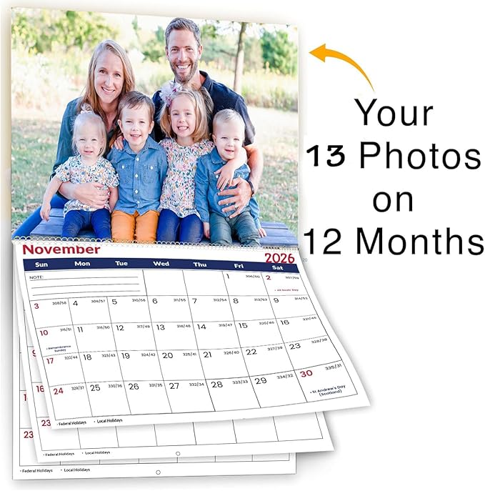 Custom Calendar 2026 for Home & Office - Print Your 13 Memories,Make Your Own Personalized Calendar Customized Christmas Gift &use your photo (Wall Calendar 11"×17", 2 Packs)