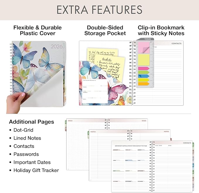 Essential PRO 2026 Daily, Weekly & Monthly Planner, 7"x9": 14 Months (Nov 2025 - Dec 2026) Monthly Tabs,Daily Tracking,Notes Pages,Storage Pocket,Bookmark w Sticky Notes (Watercolor Butterflies)