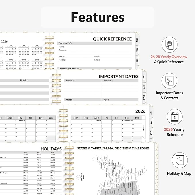 SUNEE Planner 2026 Weekly and Monthly, January 2026-December 2026, 6.4"x8.3", Tabs, Note Pages,Spiral Binding, Pink