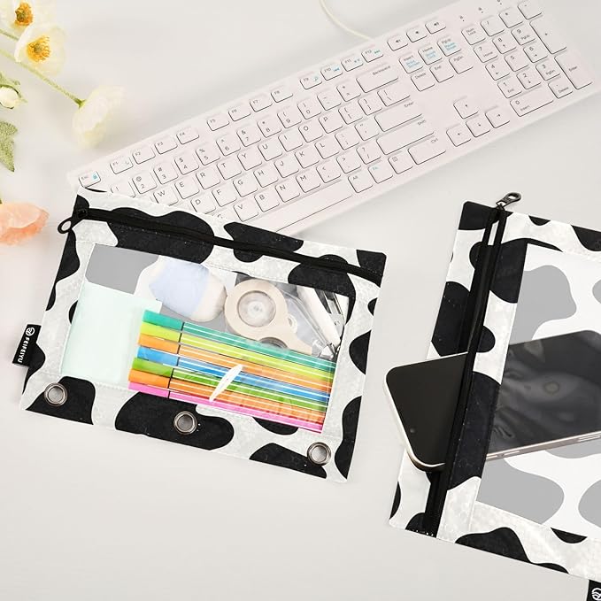 ALAZA Pencil Pouch for 3 Ring Binder, Cows Print Binder Pencil Pouches with Clear Window Zipper Pencil Case Cosmetic Bags for Office College Supplies, 2PCS