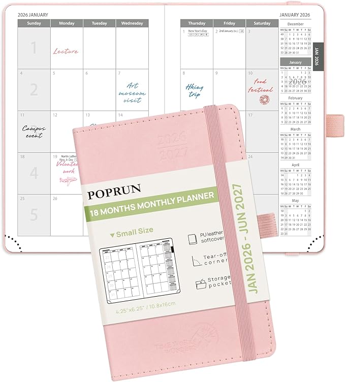 POPRUN Pocket Monthly Planner 2026-2027 (Pocket- 4''x 6.25'' Soft Leather Cover) - 18 Month Calendar Book for Purse (Jan.2026 - Jun. 2027), 100 GSM Thick Paper - Pink