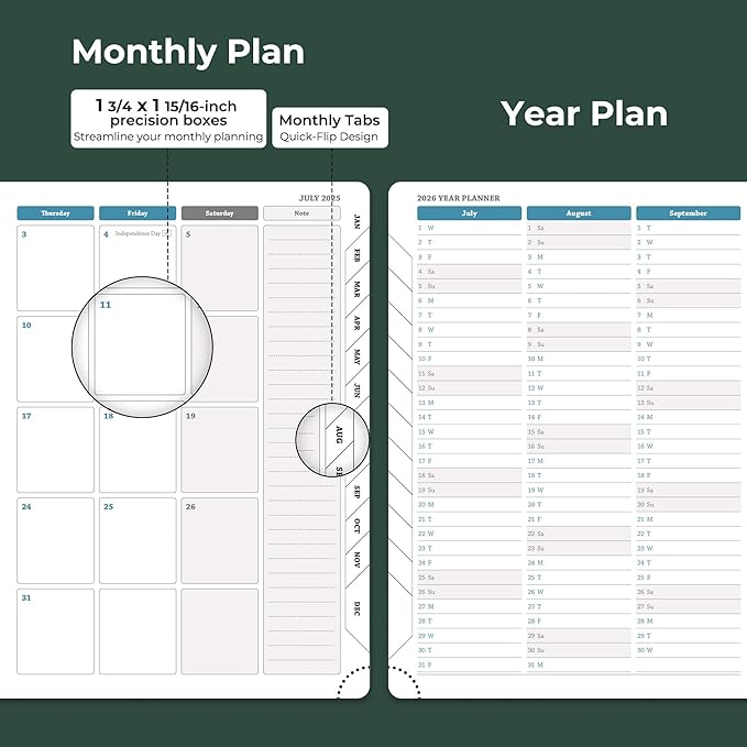 Planner 2025-2026 Daily Weekly and Monthly,11.5"x8.5",18 Months Spiral Bound Calendar Agenda with Self-adhesive Pen Holder,2026 Academic Plan with Vegan Leather Soft Cover,Green