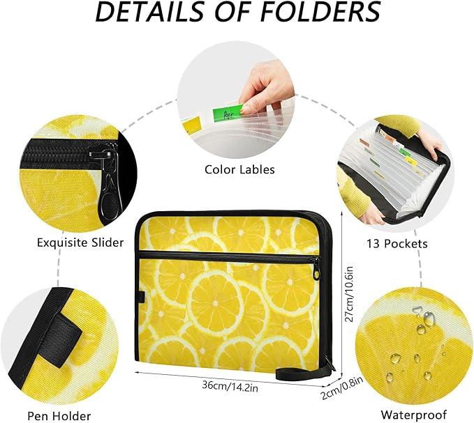 Expanding File Folder - 13 Pocket Accordion File Folders with Sticky Labels, A4 Letter Size Paper Document Organizer with Zipper Closure for Office School Boys Girls,Lemon