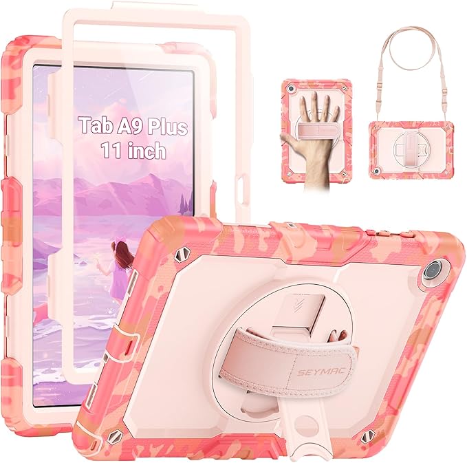SEYMAC Case for Samsung Galaxy Tab A9+/ A9 Plus 11" (SM-X210/X216/X218), Heavy Duty Shockproof Protective Case with Screen Protector, Rotating Stand, Hand/Shoulder Strap, Multicolor/Pink