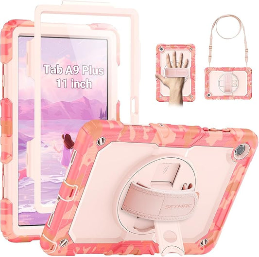 SEYMAC Case for Samsung Galaxy Tab A9+/ A9 Plus 11" (SM-X210/X216/X218), Heavy Duty Shockproof Protective Case with Screen Protector, Rotating Stand, Hand/Shoulder Strap, Multicolor/Pink