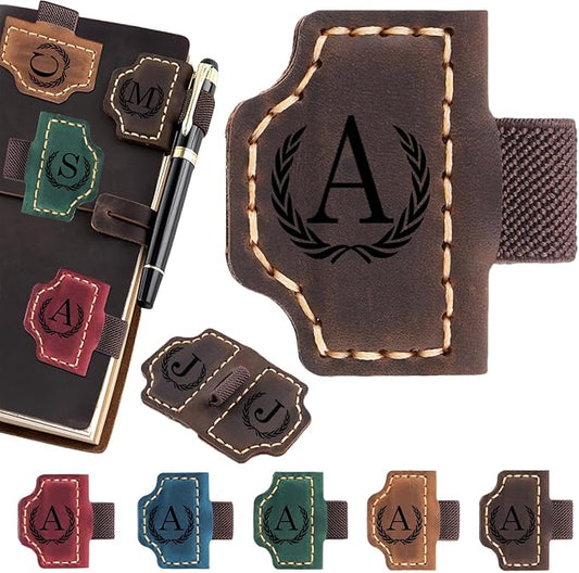 Artlaza Personalized Magnetic Leather Bookmark with Pen Holder - 26 Letters Custom Book Mark with Name Initial Engraved Book Marker for Readers, Book Lovers, Travelers - Gift for Women & Men(Brown，A