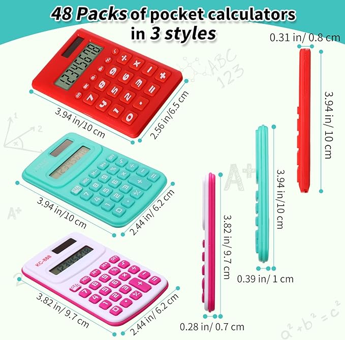 Yunsailing 48 Pcs Pocket Calculators Bulk Mini 8 Digit Handheld Calculator Small Basic Standard Calculator for Students Kids Teachers School Desktop Home Office, 3 Designs