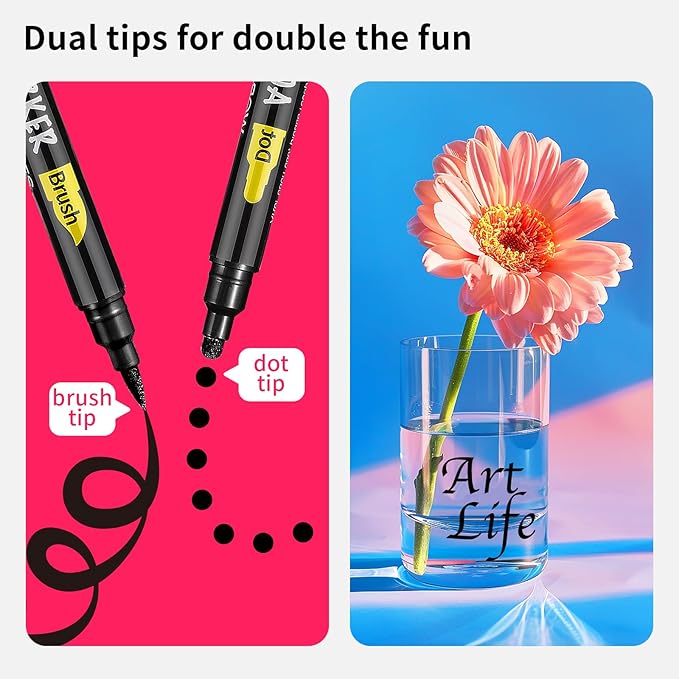 NAWOD 3 Black Acrylic Paint Pens, Acrylic Paint Markers Dual Tip (Dot Tip + Brush Tip), Acrylic Permanent Markers for Rock, Fabric, Canvas, Ceramic, Glass, Wood, Paper, Labeling, Drawing, DIY Crafts
