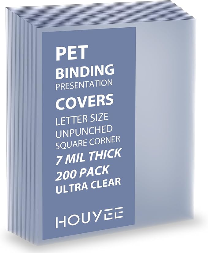 200 Pack Ultra Clear Binding Presentation Covers, Clear Covers for Binding, Polythylene Terephthalate,7 Mil,8-1/2 x 11 Inches, Letter Size