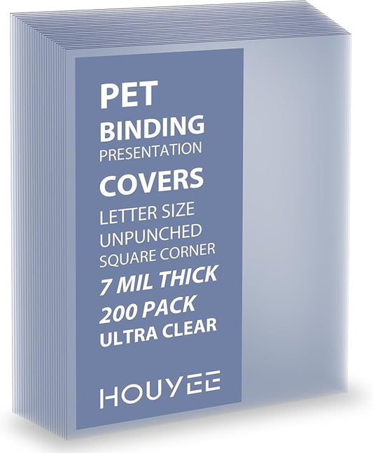 200 Pack Ultra Clear Binding Presentation Covers, Clear Covers for Binding, Polythylene Terephthalate,7 Mil,8-1/2 x 11 Inches, Letter Size