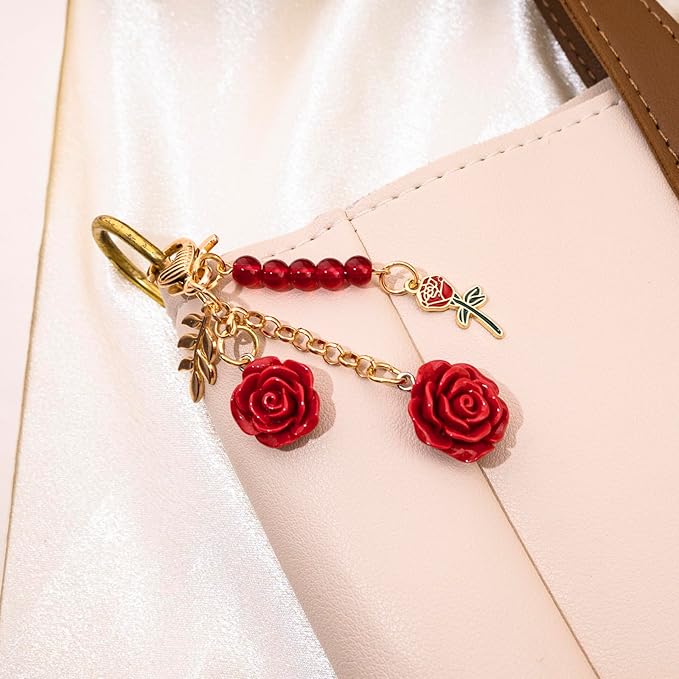 Rose Purse Charms Cute Flower Keychain With Heart Sticker Charm Chain For Kindle Colorful Bag Charms For Handbags