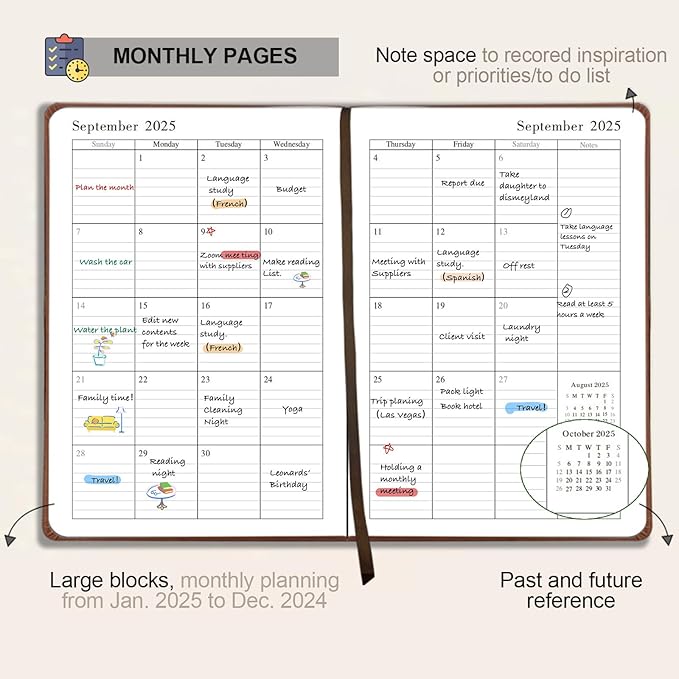 Daily Planner 2025-2026, Academic Planner 2025-2026 Weekly and Monthly Planner, Calendar Book with Hourly Schedule 8.5"x5.8", July 2025 to June 2026, Faux Leather Cover (Red)