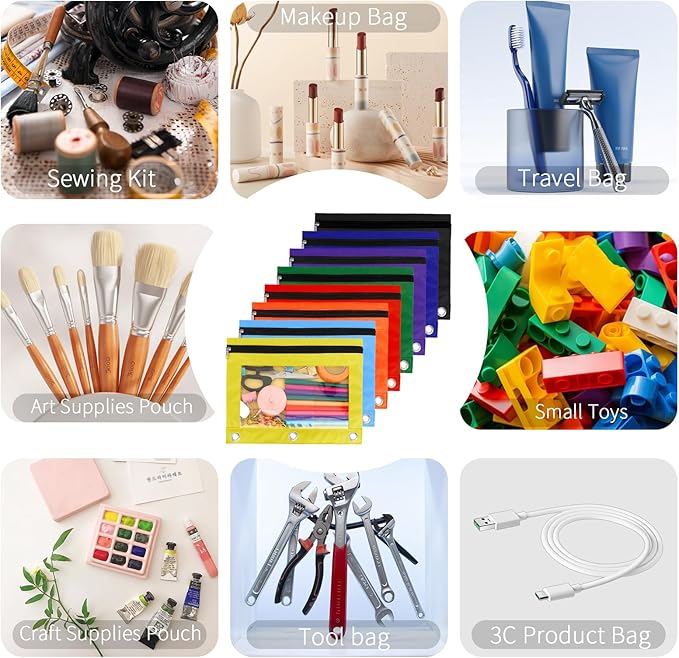 Pencil Pouch for 3 Ring Binder, 8 Pack Pencil Bags with Zipper, Large Capacity Pencil Case for Binder Assorted Color Pencil Case Pouch with Clear Window and Grommets Pencil Pocket for Office Supplies