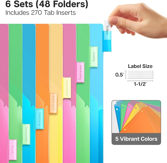 Dunwell 2-Pocket 8-Tab Divider Pockets, (6 Sets, 48 Count), 5 Colors, Plastic 8 Subject Notebook Tab Dividers for 3-Ring Binders, Includes Label Inserts, Durable Acid-Free Poly