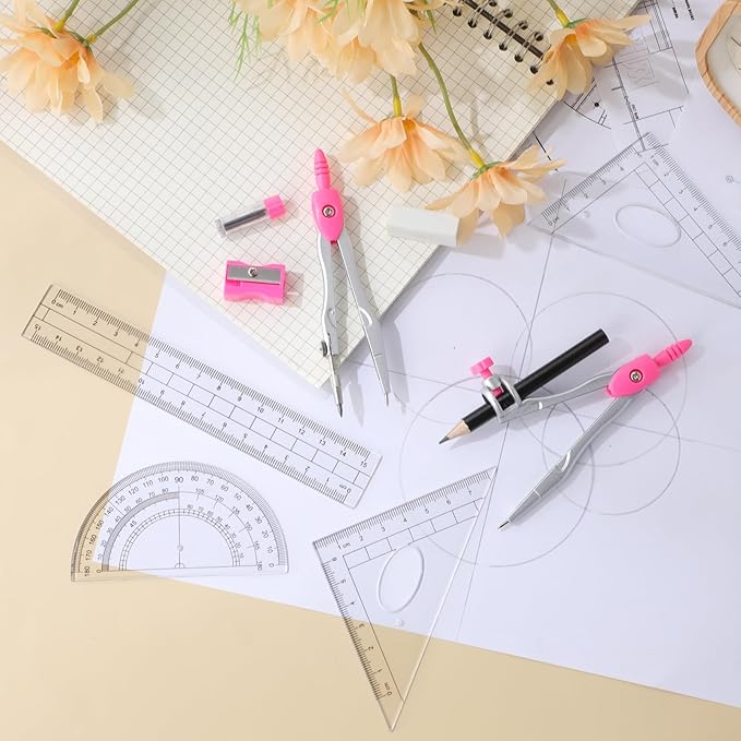 Zonon Math Geometry Set 10 Pcs Student Supplies with Shatterproof Storage Box, Includes Rulers Protractor Compass Pencil Sharpener Lead Refills Eraser Pencil for Drafting and Drawings(Pink)