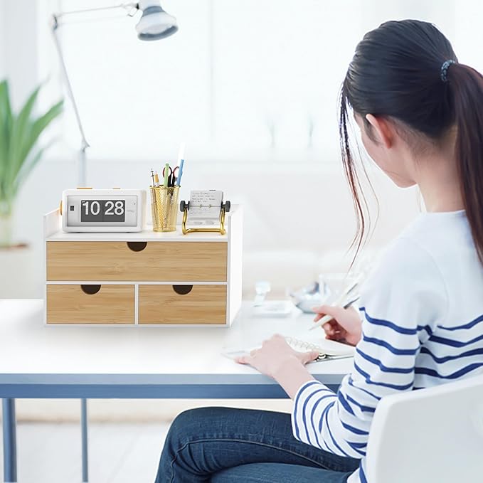Wisuce Desk Organizer with Drawers - Bamboo Desktop Organizer Storage | White-Natural Wood Desk Drawers Organizer for Bills, Office Supplies, Cosmetics, Seals No Assembly Required
