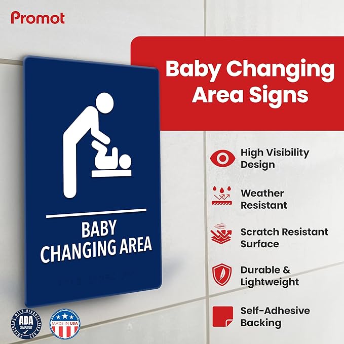 Promot Baby Changing Area Restroom Sign – ADA Braille Bathroom Sign for Business, Self-Adhesive, 9" x 6", Commercial Door Signage, Office Wall Decor - Blue