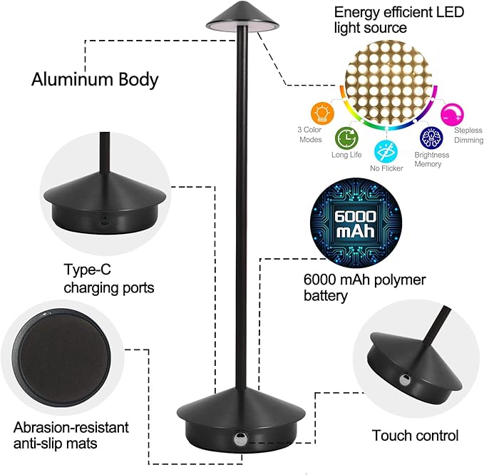 Cordless Table Lamp, Portable Led Desk Lamp 6000mAh Battery Operated Table Lamp, Mordern Rechargeable Night Light in Aluminum, Dimmable Table Light for Indoor Outdoor