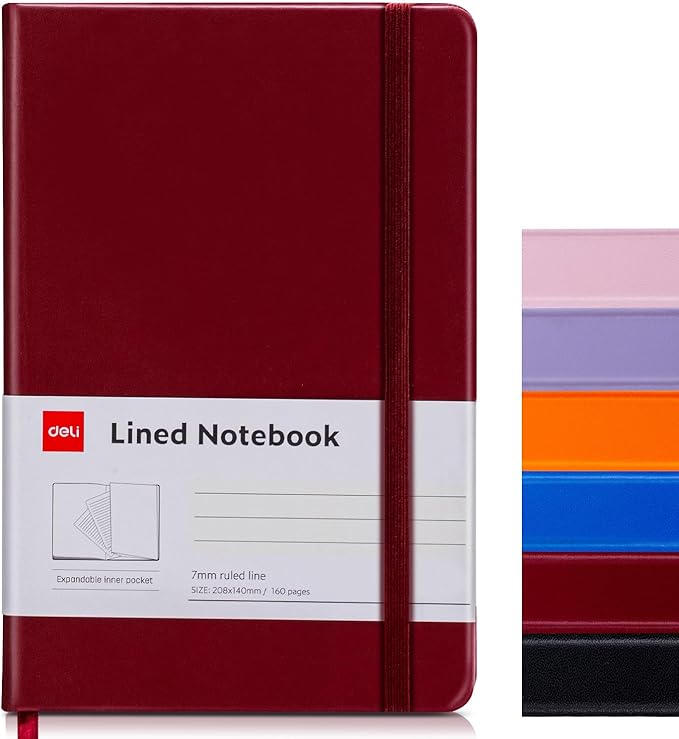 deli A5 Lined Journal Notebook, 160 Pages Hardcover Writing Notebook, 5.5"x8.2" College Ruled Notebook for Office, School, Work Notes (Red)