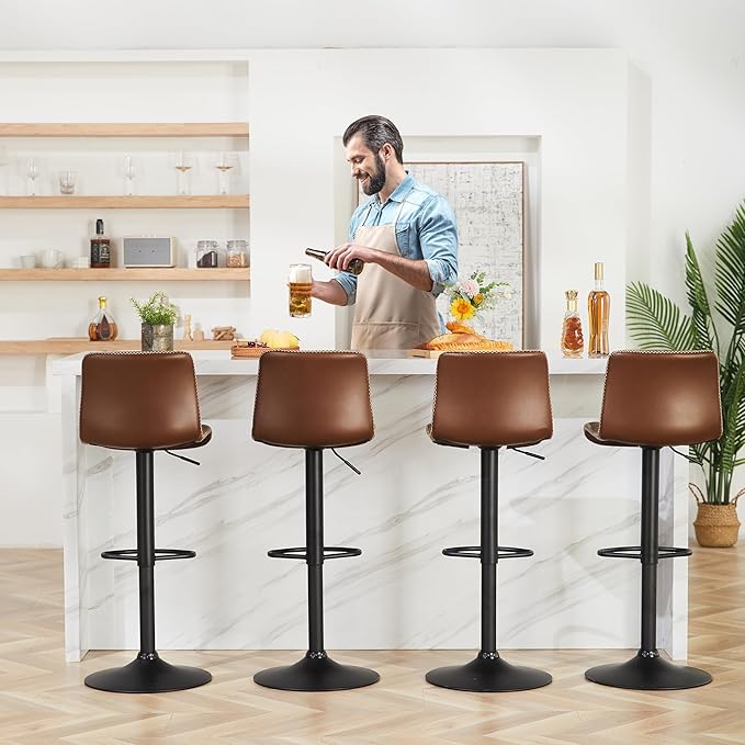 HeuGah Bar Stools Set of 3, Swivel Counter Height Barstools with Back, Adjustable Height 24" to 32", Brown Faux Leather Bar Chairs for Kitchen Island (Brown, Set of 3 (24'' to 32''))
