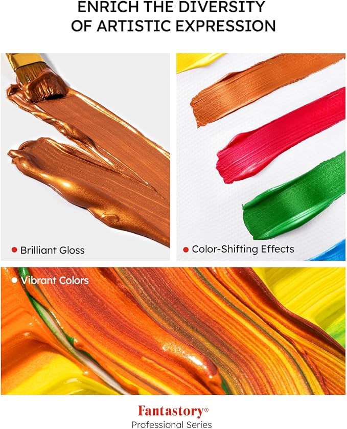 Fantastory Metallic Iridescent Acrylic Paint Set with 12 Brushes, 20 x 2oz Metallic Colors, Color-Shifting, Craft Paint Kit, Metal/Canvas/Rock/Stone/Ceramic/Model/Wood Painting [Professional Series]