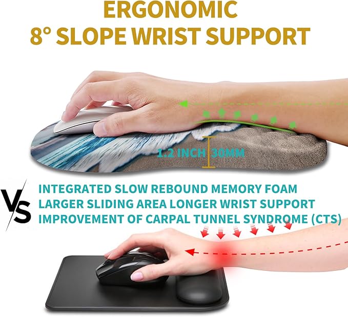 Hokafenle Ergonomic Mouse Pad Wrist Support, Wrist Rest Mousepad for Carpal Tunnel Pain Relief with Integrated Memory Foam Slope Massage Bulge (11.8x7.9 inch,Beach Sunset
