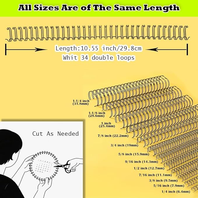 1/2 Inch Wire Cinch Book Binding Gold 3:1 Pitch, 100 Pack Double Loop Metal Spiral for Bindings Fit for School Office Notebook Maker, YolieraArt Office Products Binding Combs 100 Sheet Capacity